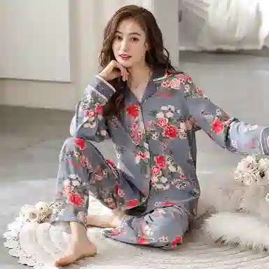 莫代尔 花卉满印翻领开衫长袖长裤亲肤舒适可外穿睡衣套装 女款 雾蓝色