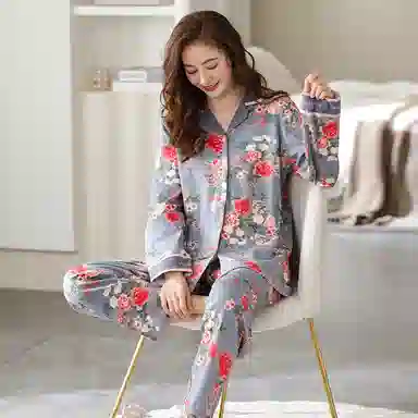 莫代尔 花卉满印翻领开衫长袖长裤亲肤舒适可外穿睡衣套装 女款 雾蓝色