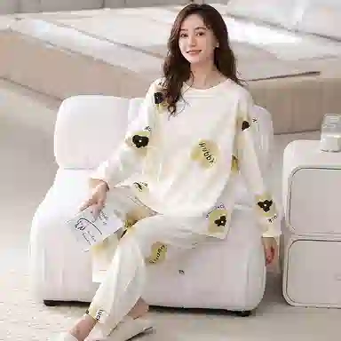 莫代尔 纯棉家居服长袖薄款套头印花春夏秋款大学生睡衣套装 女款 白底字母