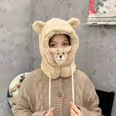 撞青春 可爱小熊护耳羊羔绒冬骑车防风 聚酯纤维 雷锋帽 女款