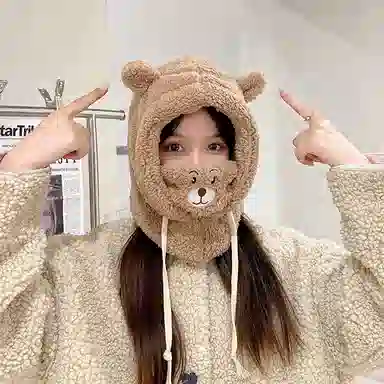 撞青春 可爱小熊护耳羊羔绒冬骑车防风 聚酯纤维 雷锋帽 女款