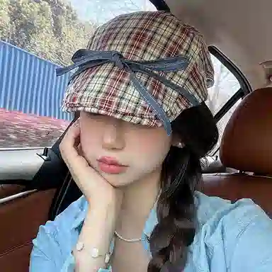 撞青春 复古牛仔蝴蝶结前进帽子格子红色画家帽薄款 棉 贝雷帽 女款