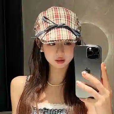 撞青春 复古牛仔蝴蝶结前进帽子格子红色画家帽薄款 棉 贝雷帽 女款