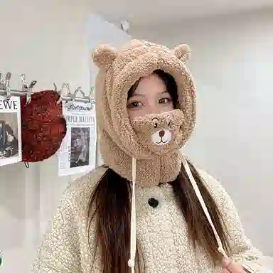 撞青春 可爱小熊护耳羊羔绒冬骑车防风 聚酯纤维 雷锋帽 女款