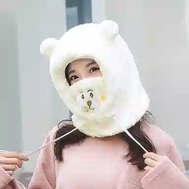 撞青春 可爱小熊护耳羊羔绒冬骑车防风 聚酯纤维 雷锋帽 女款
