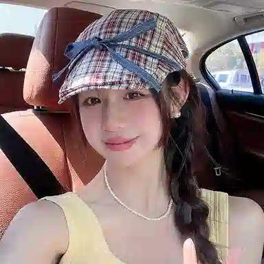 撞青春 复古牛仔蝴蝶结前进帽子格子红色画家帽薄款 棉 贝雷帽 女款