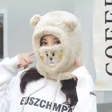 撞青春 可爱小熊护耳羊羔绒冬骑车防风 聚酯纤维 雷锋帽 女款