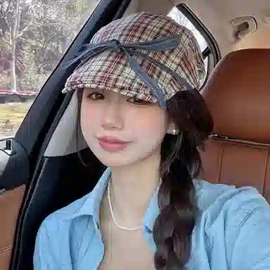 撞青春 复古牛仔蝴蝶结前进帽子格子红色画家帽薄款 棉 贝雷帽 女款