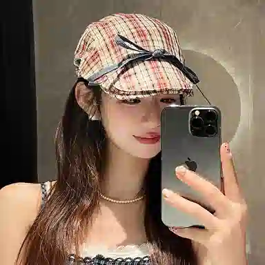 撞青春 复古牛仔蝴蝶结前进帽子格子红色画家帽薄款 棉 贝雷帽 女款