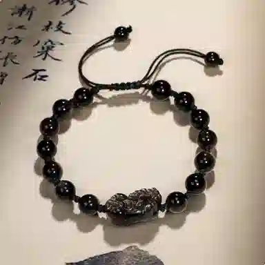 泡泡贝 新中式大气招财纳福创意独特吞金兽轻奢优雅霸气单圈宫廷风抽拉编织绳 黑曜石 玉石手链 男女同款情侣款