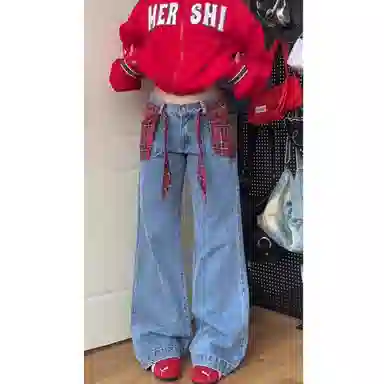 识恩 假两件宽松设计感垂感拖地牛仔裤 女款