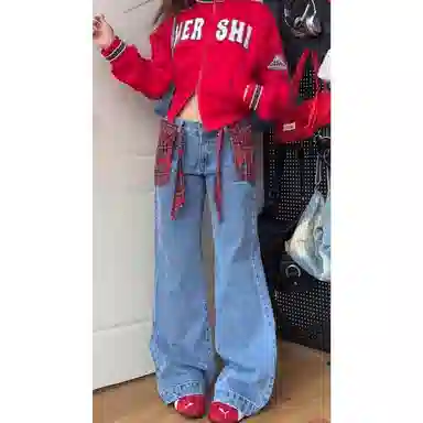 识恩 假两件宽松设计感垂感拖地牛仔裤 女款