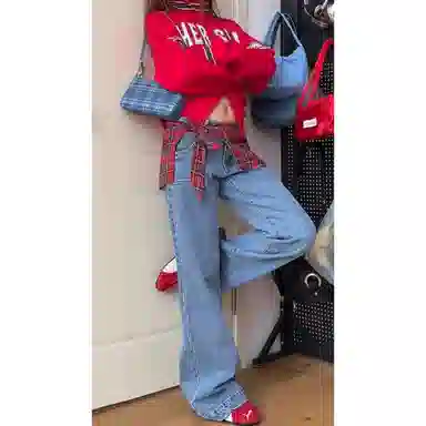 识恩 假两件宽松设计感垂感拖地牛仔裤 女款