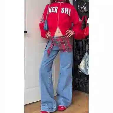 识恩 假两件宽松设计感垂感拖地牛仔裤 女款