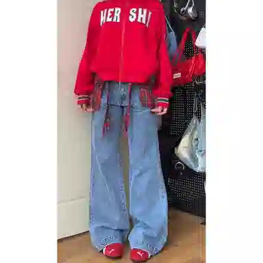 识恩 假两件宽松设计感垂感拖地牛仔裤 女款