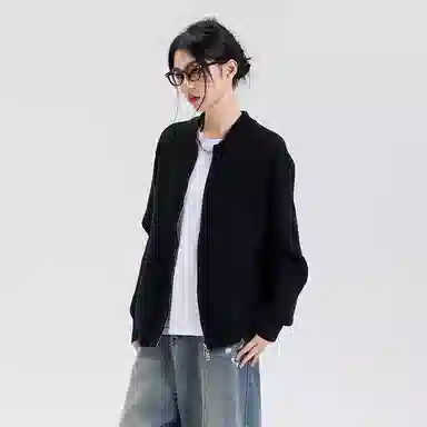 悍戈 美式复古纯色慵懒休闲双拉链立领开衫针织衫 男款