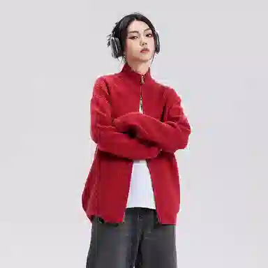 悍戈 美式复古纯色慵懒休闲双拉链立领开衫针织衫 男款
