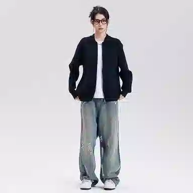 悍戈 美式复古纯色慵懒休闲双拉链立领开衫针织衫 男款