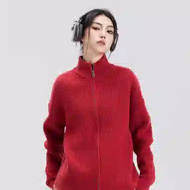 悍戈 美式复古纯色慵懒休闲双拉链立领开衫针织衫 男款