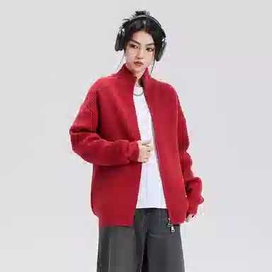 悍戈 美式复古纯色慵懒休闲双拉链立领开衫针织衫 男款