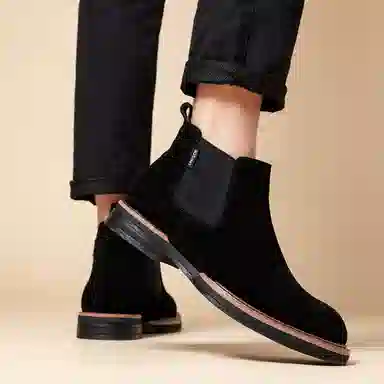 卓诗尼 牛剖层革 复古经典 轻便耐磨 舒适时尚休闲百搭防滑工装户外英伦风通勤 短筒 切尔西靴 男款 黑色