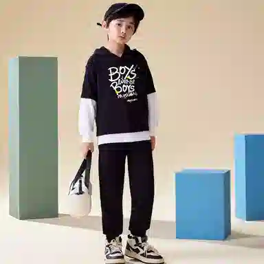 木木屋 时尚柔软亲肤洋气个性潮流休闲运动套装 黑色青少年