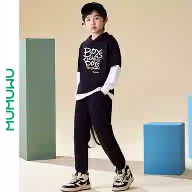 木木屋 时尚柔软亲肤洋气个性潮流休闲运动套装 黑色青少年