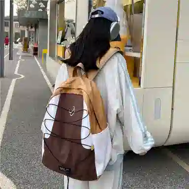 蔻蒂熊 书包百搭女小清新高颜值大容量个性设计拼色 涤纶 双肩包 常规 青少年 黑色/绿色/蓝色/棕色