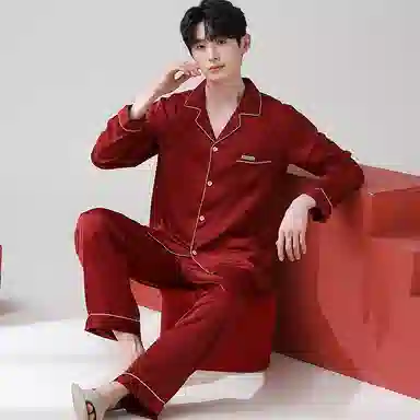 莫代尔 舒适柔软细腻亲肤微弹透气耐磨冰丝圆润纽扣不伤手开衫长袖松紧裤腰不勒腹长裤可居家休闲可外穿睡衣套装 男款 砖红色