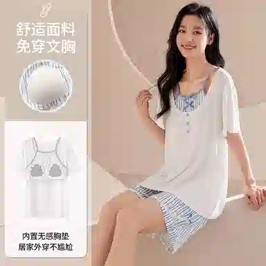 莫代尔 简洁休闲轻盈舒适圆领可外穿轻柔亲肤透气细腻带胸垫防凸点短袖三分裤睡衣套装 女款 蓝色