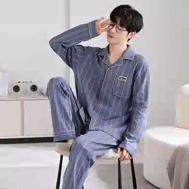 莫代尔 耐磨轻盈透气细腻亲肤吸湿排汗舒适柔软开衫长袖长裤居家休闲可外穿睡衣套装 男 灰蓝色