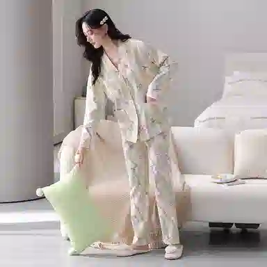 莫代尔 小清新透气亲肤开衫长袖长裤居家服可外穿睡衣套装 女款 杏色