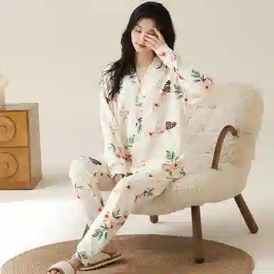 莫代尔 柔软透气吸湿排汗轻盈微弹亲肤耐磨舒适长袖长裤居家休闲可外穿睡衣套装 女款 杏色