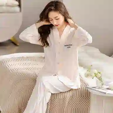 莫代尔 简约柔软韩版甜美时尚柔软长袖可外穿舒适不易起球长裤睡衣套装 女款 杏色