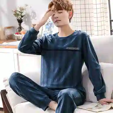 莫代尔 轻盈透气亲肤吸湿排汗舒适耐磨柔软微弹可居家休闲可外穿长袖长裤睡衣套装 男款 藏青色