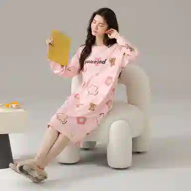 莫代尔 纯棉透气轻盈耐磨亲肤微弹吸湿排汗柔软细腻舒适可居家休闲可外穿长袖睡裙 女款 淡粉色