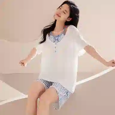 莫代尔 简洁休闲轻盈舒适圆领可外穿轻柔亲肤透气细腻带胸垫防凸点短袖三分裤睡衣套装 女款 蓝色