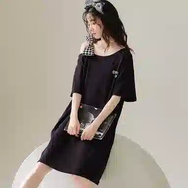 莫代尔 舒适轻柔细腻圆领百搭亲肤透气短袖睡裙 女款 黑色