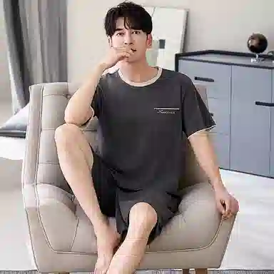 莫代尔 舒适休闲个性大方圆领套头轻盈透气柔软细腻耐磨耐穿短袖短裤两件套家居服可外穿睡衣套装 男款