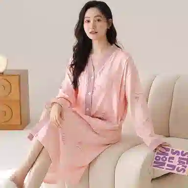 莫代尔 柔软舒适亲肤透气可调节裤腰可外穿长袖睡衣套装 女款 桃色