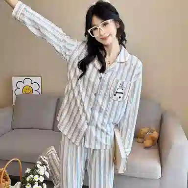 莫代尔 简约条纹满印甜美时尚亲肤舒适长袖长裤开衫翻领家居服可外穿睡衣套装 女款 粉蓝色