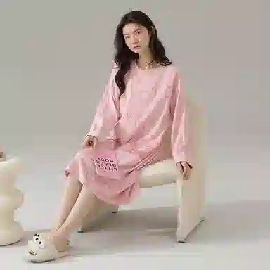 莫代尔 纯棉透气轻盈亲肤耐磨微弹吸湿排汗柔软细腻舒适可居家休闲可外穿长袖睡裙 女款 粉色