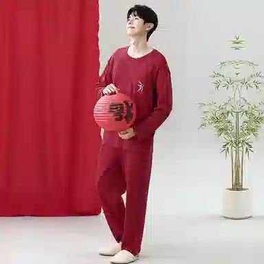 莫代尔 抗菌时尚喜庆简约轻盈微弹舒适亲肤柔软不易起球居家服可外穿睡衣套装 男款 红色