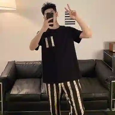 莫代尔 气质时尚宽松舒适圆领套头休闲轻盈透气百搭短袖长裤可外穿夏季睡衣套装 男款 黑色