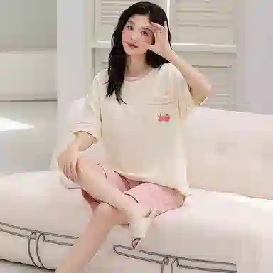 莫代尔 可外穿休闲时尚亲肤微弹圆领套头短袖带杯垫春夏季睡衣套装 女款 杏色