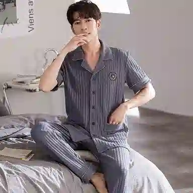 莫代尔 韩版耐磨耐穿舒适翻领开衫简约休闲时尚气质百搭宽松无束缚短袖长裤两件套家居服可外穿睡衣套装 男款