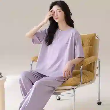 莫代尔 宽松显瘦轻薄透气圆领套头个性百搭舒适柔软亲肤细腻短袖长裤不易起球家居服可外穿女士睡衣套装 女款