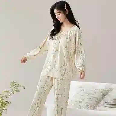 莫代尔 柔软轻盈青春透气简约微弹亲肤长袖长裤可外穿家居服睡衣套装 女款 杏色