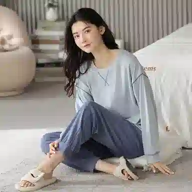 莫代尔 亲肤舒适套头圆领长袖长裤家居服简约可外穿睡衣套装 女款 浅蓝色