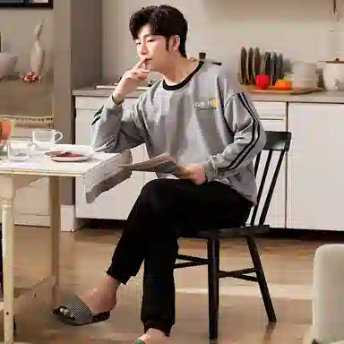 莫代尔 经典简约时尚气质保暖轻柔亲肤舒适圆领有口袋长袖长裤时尚可穿睡衣套装 男款 灰色